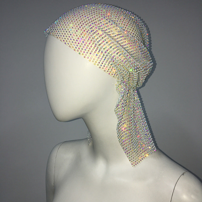 Women's mesh sparkling diamond elastic fishnet hat personality fashion bursting diamond fishnet headscarf hat