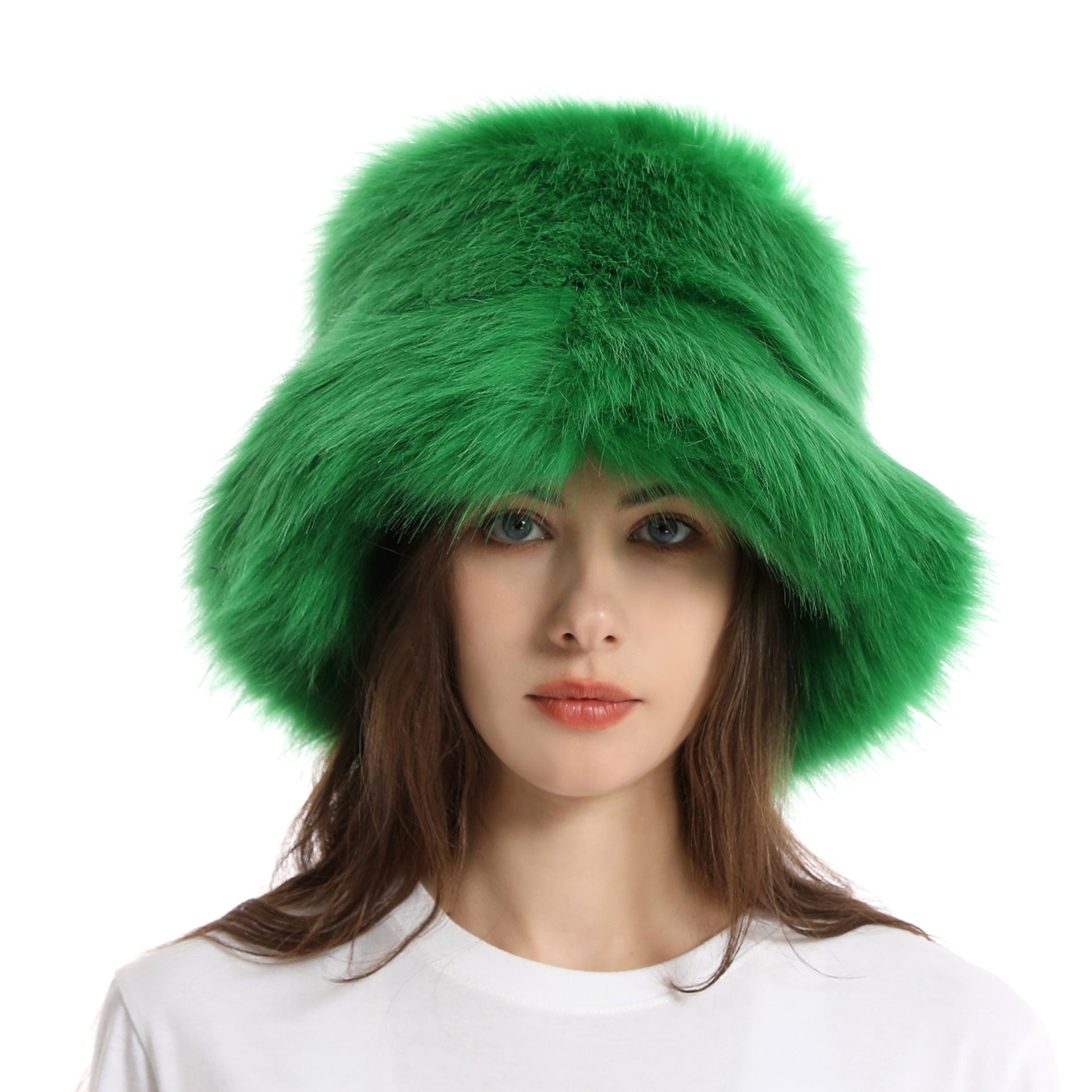 Fisherman hat winter women's solid color large brim basin hat long fur thick warm hat