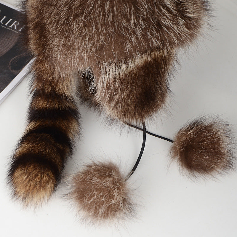 Real fur raccoon hat for girls, children, adults, ear protection, cold-proof Lei Feng hat