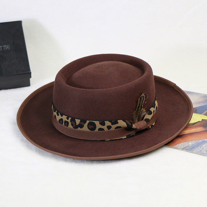 Wide Brim Retro Wool Flat Top Hat Autumn and Winter Felt Hat