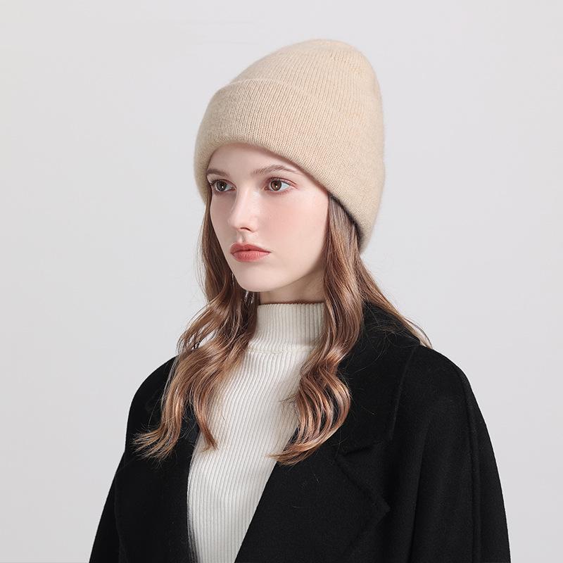 Pure cashmere hat thickened turn-up warm solid color knitted hat for men and women autumn and winter