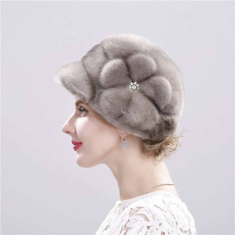 Women's fur hat winter warm duckbill hat with diamond