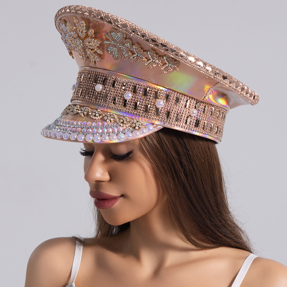 Fashion hat with diamonds and diamond hood flat hat