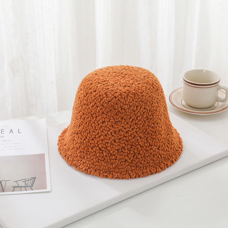 Women's Fashion Autumn and Winter Simple All-match Bucket Hat Lambswool Pure Color Plush Fisherman Hat