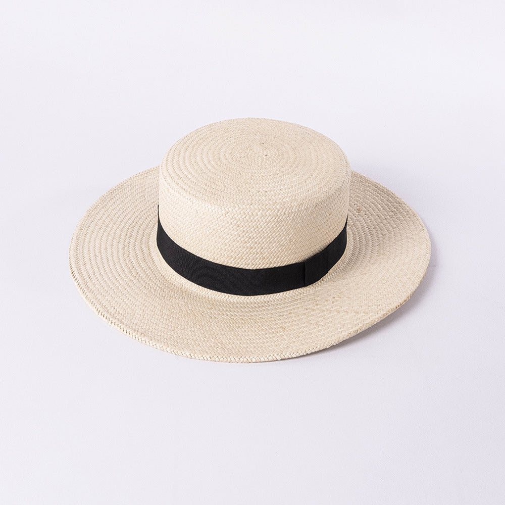 Spring and summer fashion retro ladies wide brim ribbon flat top straw hat outdoor shopping sun hat