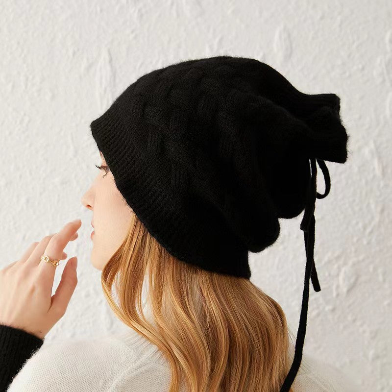 Thickened cashmere drawstring hat knitted hat autumn and winter pile hat