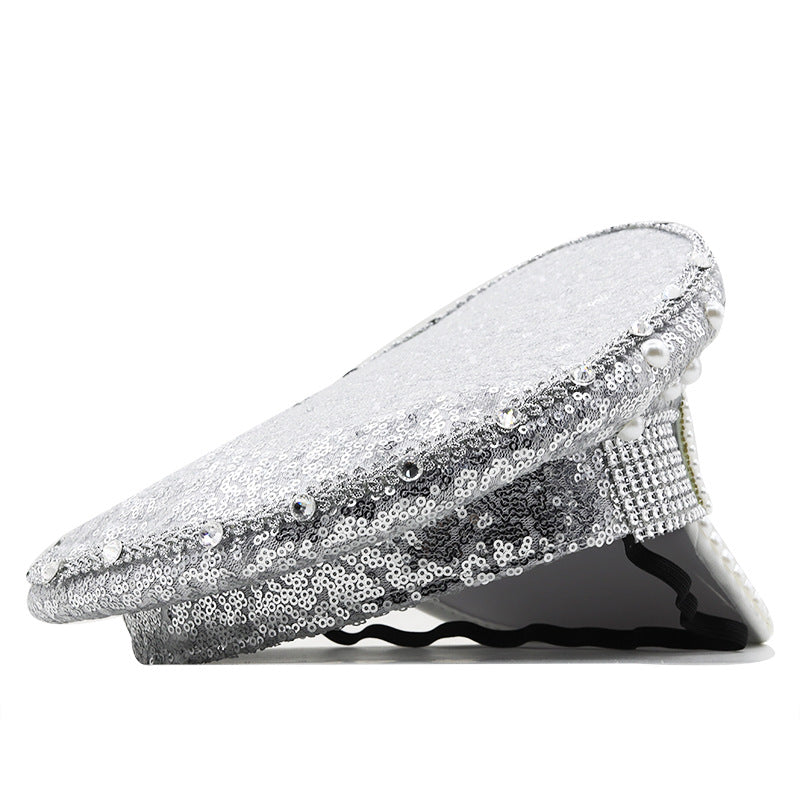 Women's letter pearl hat silver sequined diamond photography hat flat hat performance hat