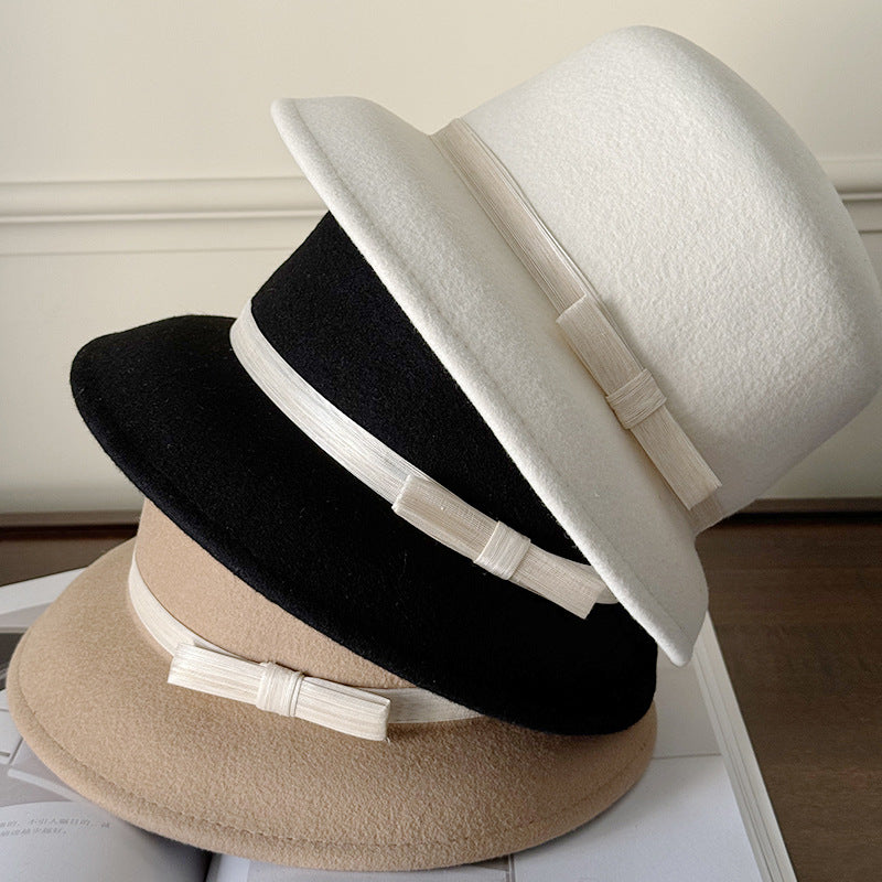 Linen Bow Wool Basin Hat Women's Top Hat Bucket Hat