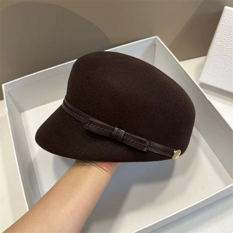 Retro leather bow wool navy hat simple and fashionable face-modifying duckbill hat