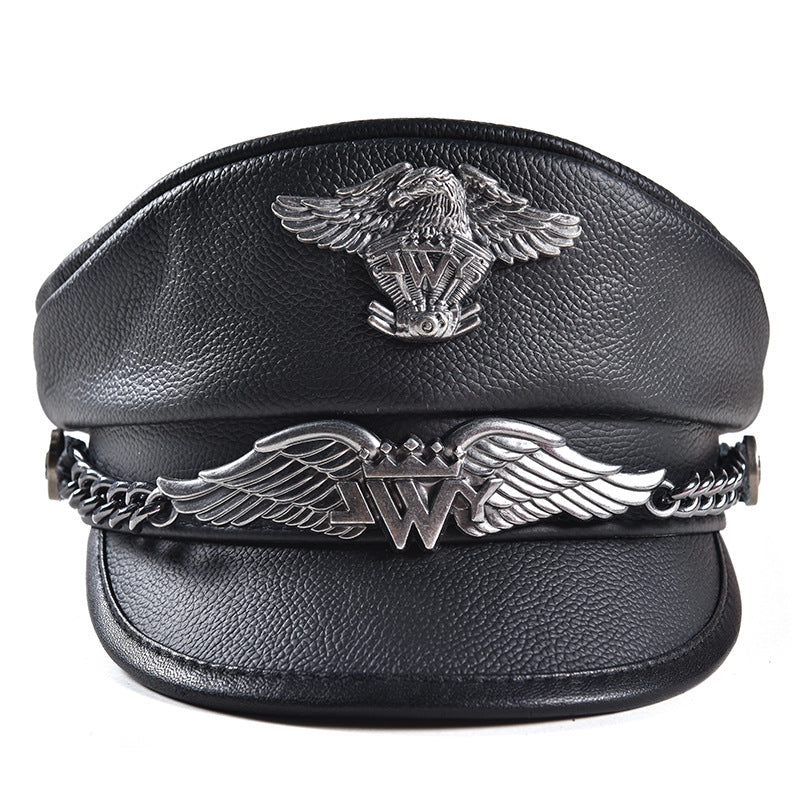 Unisex genuine leather hat cowhide hat captain hat motorcycle hat beret flat top cap