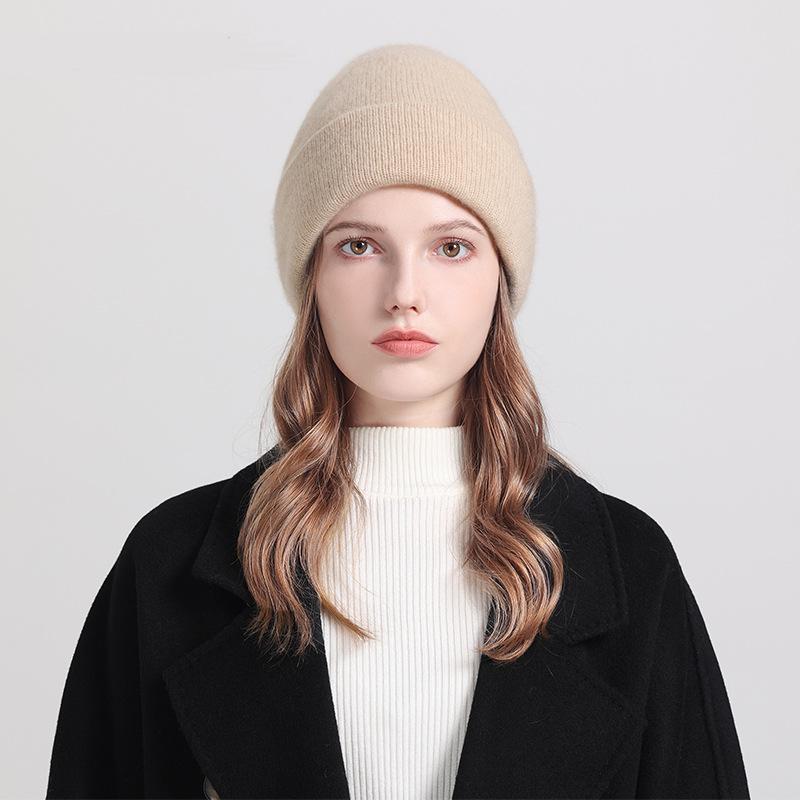 Pure cashmere hat thickened turn-up warm solid color knitted hat for men and women autumn and winter