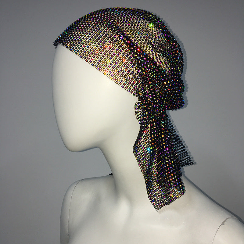 Women's mesh sparkling diamond elastic fishnet hat personality fashion bursting diamond fishnet headscarf hat