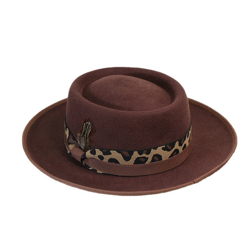 Wide Brim Retro Wool Flat Top Hat Autumn and Winter Felt Hat