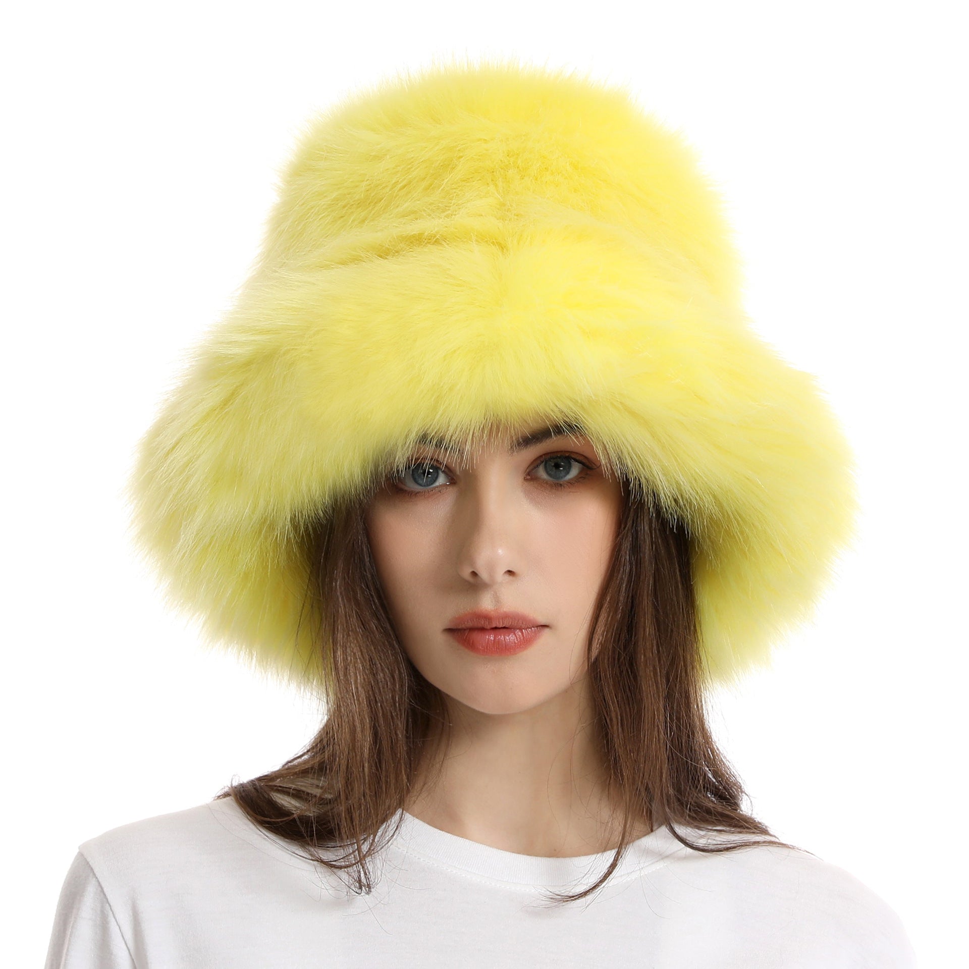 Fisherman hat winter women's solid color large brim basin hat long fur thick warm hat