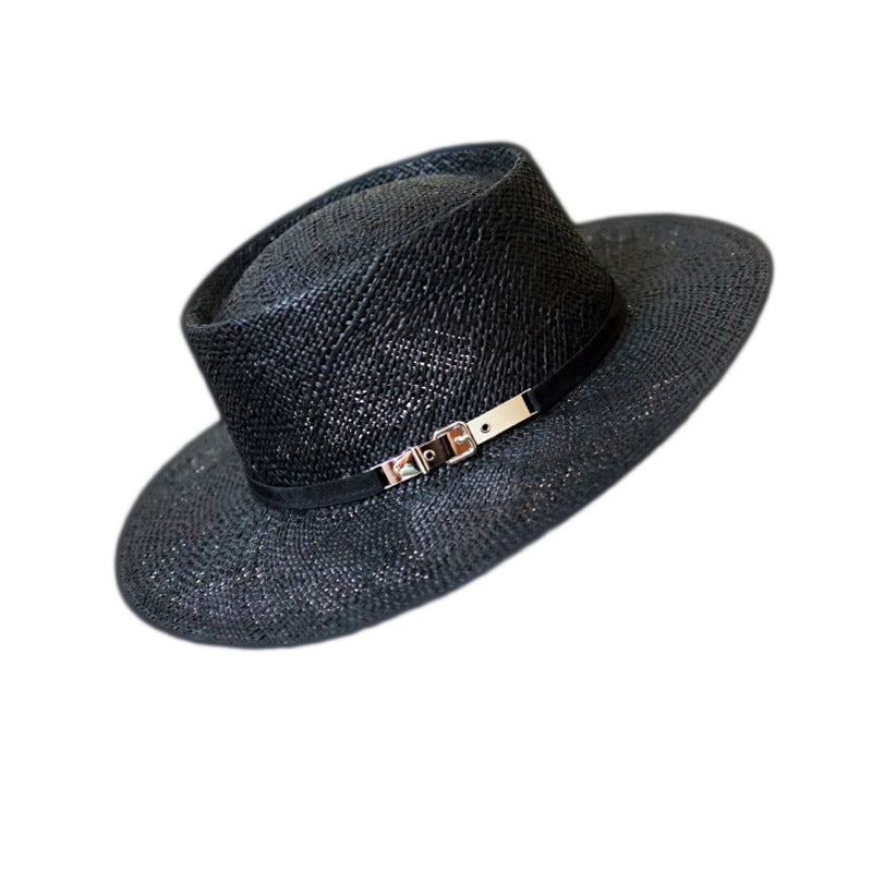 Black straw flat hat for women in summer sun protection and sun protection on the beach woven straw hat with wide brim