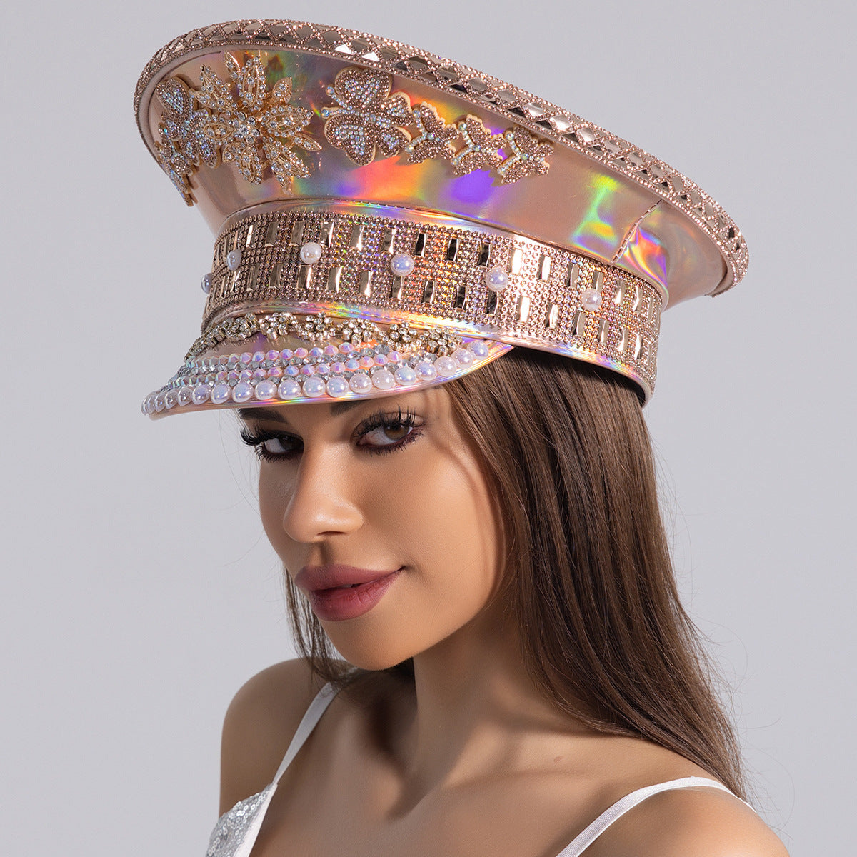 Fashion hat with diamonds and diamond hood flat hat