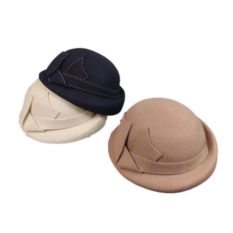 Autumn and winter wool hat retro beret elegant fashion bow basin hat