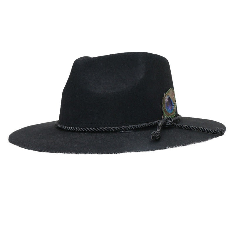 Cowboy hat wool felt hat western peacock feather gentleman hat jazz hat