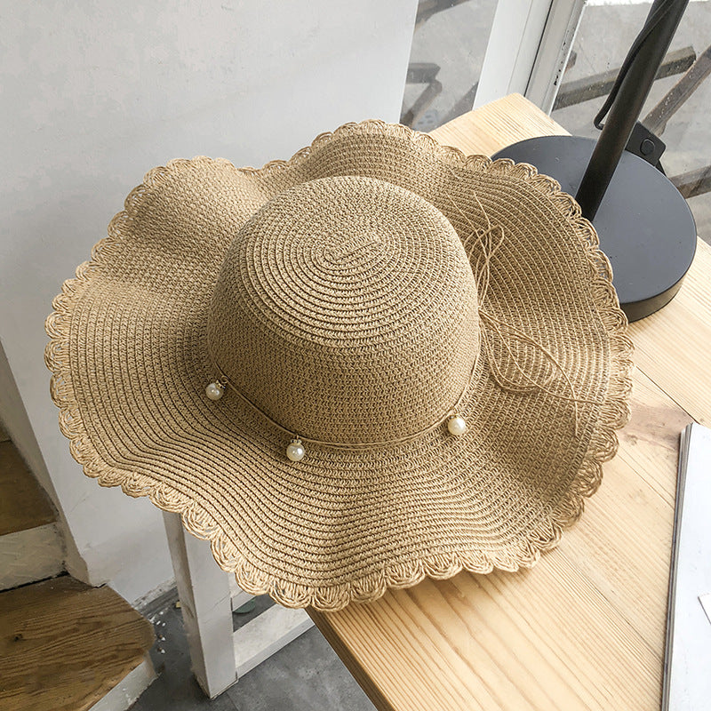 Summer wave wide brim straw hat versatile pearl casual sun protection beach sun hat