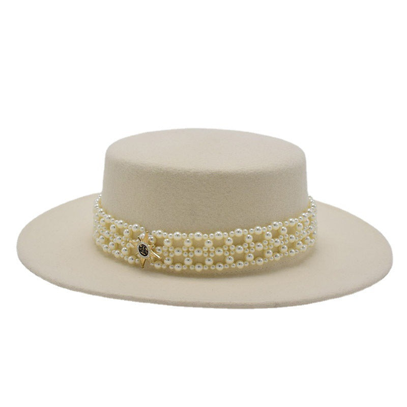 Wide Brim Flat Top White Wool Hat Women's Autumn and Winter Casual Fashion Pearl Chain Felt Hat