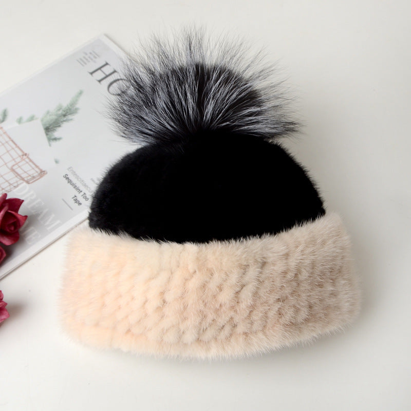 Women's Winter Warm Thick Earmuffs Fox Ball Hat Mink Fur Braided Hat