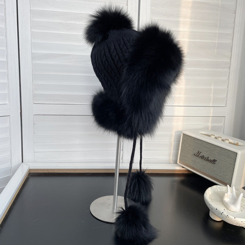 Winter fox fur Lei Feng hat knitted plush wool hat sweet and cute ear protection warm hat for women