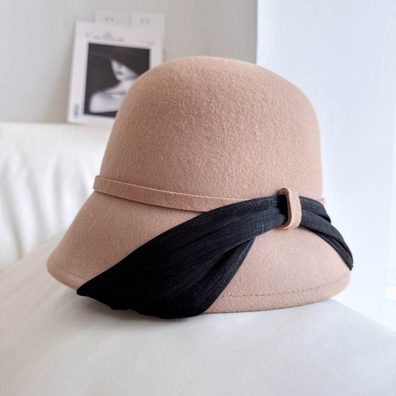 Silk linen ribbon fisherman hat women autumn and winter wool felt hat basin hat