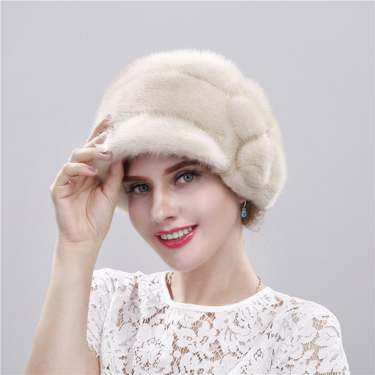 Women's fur hat winter warm duckbill hat with diamond