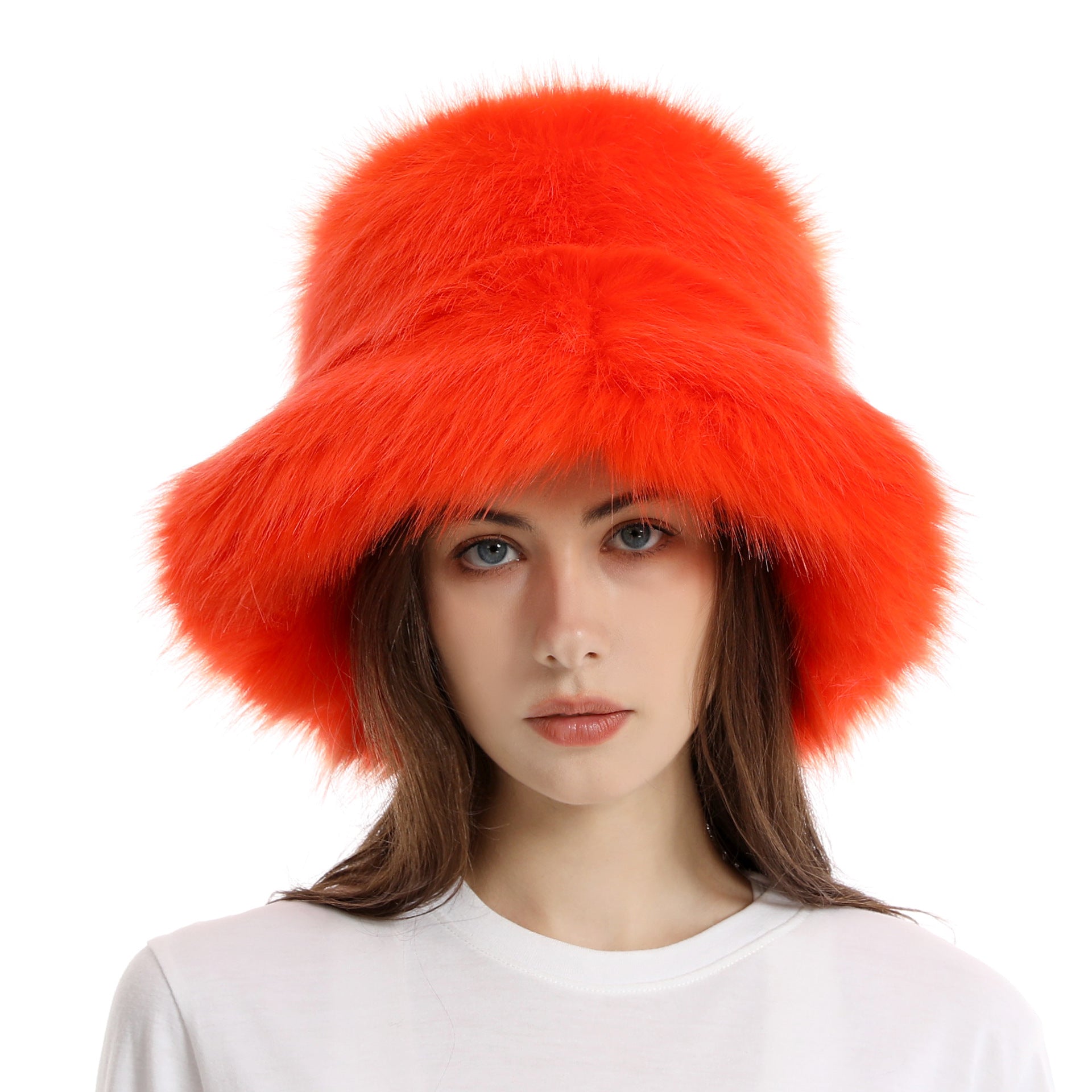 Fisherman hat winter women's solid color large brim basin hat long fur thick warm hat