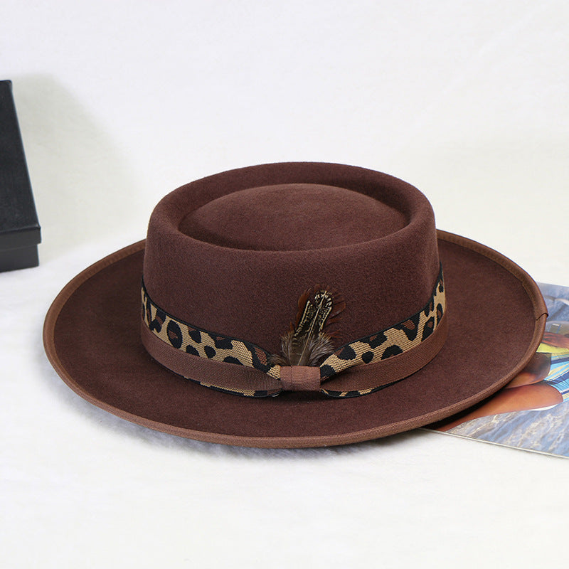 Wide Brim Retro Wool Flat Top Hat Autumn and Winter Felt Hat