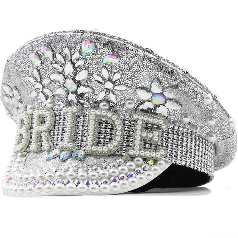 Women's letter pearl hat silver sequined diamond photography hat flat hat performance hat