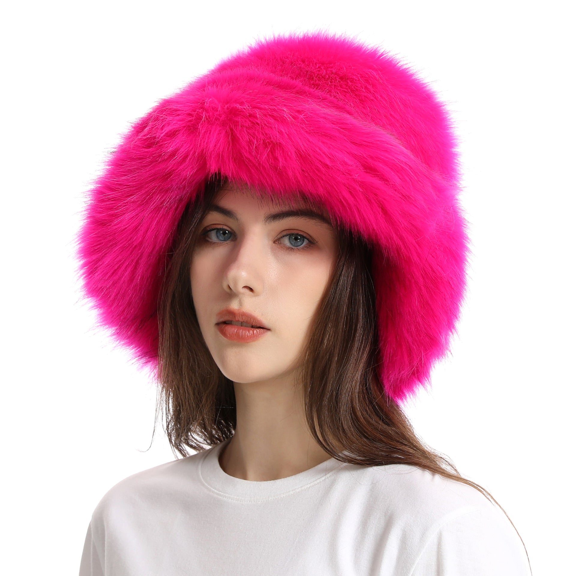 Fisherman hat winter women's solid color large brim basin hat long fur thick warm hat