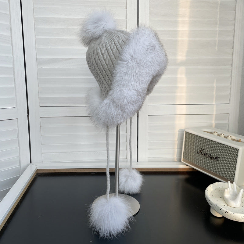 Winter fox fur Lei Feng hat knitted plush wool hat sweet and cute ear protection warm hat for women