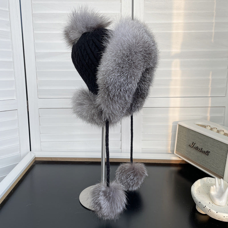 Winter fox fur Lei Feng hat knitted plush wool hat sweet and cute ear protection warm hat for women