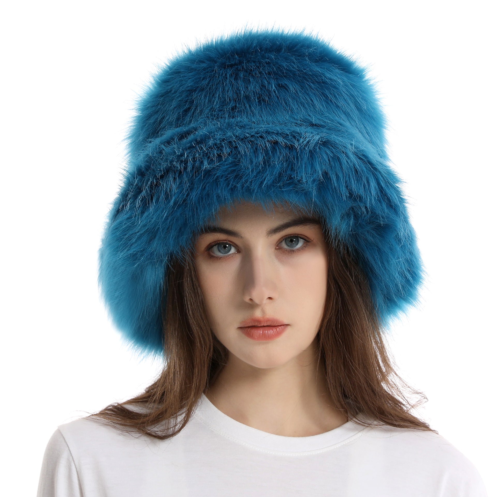 Fisherman hat winter women's solid color large brim basin hat long fur thick warm hat