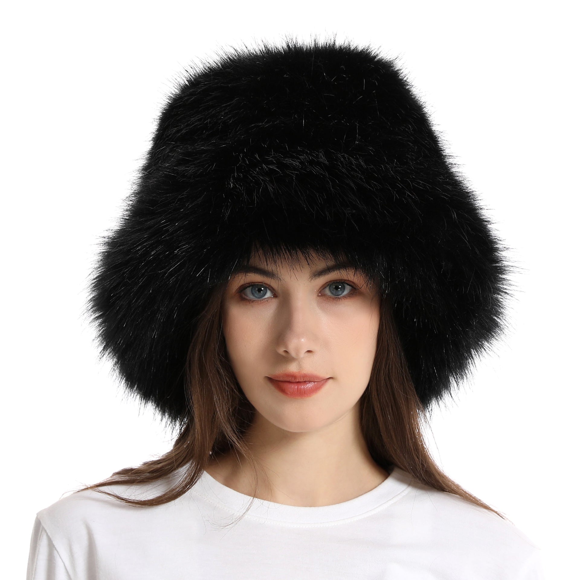 Fisherman hat winter women's solid color large brim basin hat long fur thick warm hat